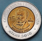 México 2008 5 Pesos Centenário da Revolução: Heriberto Jara Bimetálica: centro de Alumínio-Bronze, anel de Aço inoxidável KM# 901