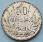 Uruguai 1943 50 Centésimos Prata 0.700 7g 24mm KM# 31
