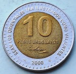 Uruguai 2000 10 Pesos Bimetálica: centro de Alumínio-Bronze, anel de Aço inoxidável KM# 121