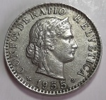Suíça 1955 20 Rappen Cupro-Níquel KM# 29 a