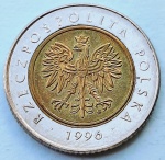 Polônia 1996 5 Zlotych  Bimetálica: centro de Alumínio-Bronze, anel de Cupro-Níquel Y# 284