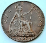 Reino Unido 1927 1 Penny Bronze KM# 826