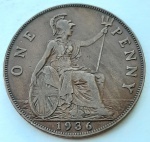 Reino Unido 1936 1 Penny Bronze KM# 838