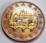 República Checa 1993 50 Coroas Bimetálica: centro de Aço com revestimento de Latão, anel de Aço com revestimento de Cobre KM# 1 (Linda Pátina)