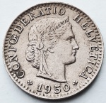 Suíça 1950 20 Rappen Níquel KM# 29 a