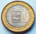 Venezuela 2007 1 Bolivar Bimetálica: centro de Cupro-Níquel, anel de Latão Y# 93