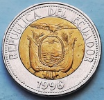 Equador 1996 1000 Sucres Bimetálica: centro de Latão, anel de Aço KM# 99