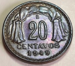 Chile 1949 20 Centavos Cobre KM# 177 (Linda Pátina Furta-cor)