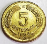 Chile 1966 5 Centésimos Alumínio-Bronze KM# 190