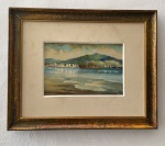 QUADRO OLEO SOBRE TELA, MAR COM MONTANHAS ,47X38CM MOLDURA DE MADEIRA