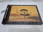 Lindo e antigo álbum de fotografias em madeira marchetada e entalhada. Medindo 36,5cm x 25cm.