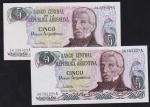  Argentina - Seleção de 2 cédulas no valor de 5 Pesos em estado flor de estampa, nunca dobradas nem usadas!