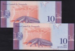  Venezuela - Seleção de 2 cédulas no valor de 10 Bolívares em estado flor de estampa, nunca dobradas nem usadas!