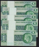 Brasil - Seleção de 5 cédulas no valor de 1 Cruzeiro, República, novas não circuladas e sem dobras!