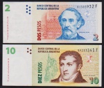 Argentina - Seleção de 2 cédulas nos valores 2 e 10 Pesos com mínimos sinais de uso!