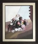 ESDRAS MORAES SILVEIRA - Acrílica sobre tela. Obra surrealista datada de 1987. Protegida por moldura em madeira com passe-partout (paspatur). Assinatura no canto inferior direito. Medida total 68cm x 78cm.