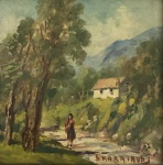 SYLVIO KARASAVAS (1905-1980) - Óleo sobre placa representando "paisagem', assinatura no canto inferior direito, proteção de moldura de madeira estilo baguete e largo paspatur. Medida da obra 20cm x 20cm. Medida total 39cm x 39cm.