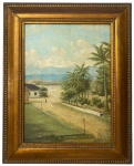 JOAQUIM MIGUEL DUTRA  (Piracicaba SP 1864 - São Paulo SP 1930) - Óleo sobre madeira, "paisagem do interior", assinada no canto inferior direito, datada 1919, protegida por moldura com acabamento em ouro velho. Medida da obra 36 x 49cm. Medida total 53 x 66cm.