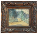 HAYDÉA SANTIAGO (Rio de Janeiro, 1896 - 1980) - Obra em óleo sobre madeira, "paisagem", assinada no canto inferior direito, proteção de moldura de madeira com entalhes em florões e acabamento em ouro velho. Medida da obra 16 x 20cm. Medida total 32 x 28cm.
