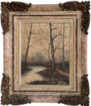 FRANÇA - Óleo sobre tela assinado Prevost Dupaint, representando paisagem europeia com bosque e curso dágua, em paleta de tons terrosos e atmosfera outonal. Obra emoldurada, com moldura antiga em madeira entalhada e dourada, apresentando desgastes compatíveis com a idade. Europa séc. XIX. Medida da obra 41 x 33 cm. Medida total 65 x 55 cm.