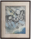 Gravura/litografia atribuída a Salvador Dalí, representando Sagitário, integrante de série inspirada nos signos do zodíaco. Composição onírica com figura mitológica em traço gestual e paleta em tons de azul, assinada à mão no canto inferior. Apresenta moldura e passe-partout; verso com etiqueta de galeria e marcas do tempo compatíveis com a idade da obra. Medida total 55 x 45 cm.