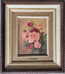 Shokichi Takaki, Rosas, óleo sobre tela, 24x19cm, com moldura, necessita de restauro, pequeno desgaste na pintura