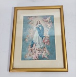 Lindo quadro Religioso representando  -  Imaculada Conceição  - Moldura em madeira com proteção de vidro  -  Medida:  29 x 23 x 1 cm.