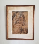 Belíssimo e antigo desenho europeu feito a crayon - Velho fumando cachimbo com cachorros ,1917 Assinatura não identificada -  Emoldurado e protegida por vidro - Dimensões: 52 X 41 cm - Desenho: 36 X 26 cm