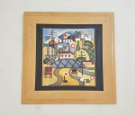 Gravura de revista com imagem do quadro de Tarsila do Amaral - Estrada de Ferro Central do Brasil, colado sobre cartolina e emoldurado - Dimensão: 53 X 53 cm