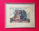 Antiga aquarela com cães alemães da raça Dachshund, emoldurada e protegida com vidro, assinatura não identificada - Dimensão: 37 X 31 cm - Vide fotos!