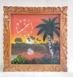 Antigo, Lindo e Decorativo Quadro Relógio Representando Paisagem Natural. Moldura Entalhada em Madeira Nobre, Proteção do Mostrador em Vidro . Funcionamento: 1 pilha AA. Medida: 43 cm x 43 cm x 6 cm. OBS: Foi feito teste e o mecanismo do relógio está funcionando, porém o ponteiro que marca os Segundos está batendo no ponteiro que marca as Horas, o mesmo está empenado. Necessita de revisão. Conforme fotos.