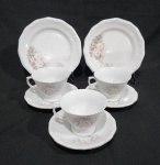 PORCELANA AVULSA - LOTE COM TRÊS XÍCARAS DE CHÁ COM PIRES E DOIS PRATOS DE SOBREMESA . PORCELANA SCHMIDT. MEDINDO A XÍCARA 7 X 9.5 X 11 CM ; PIRES 14.5 CM E PRATO DE SOBREMESA 19 CM ( 1 COM BICADO )