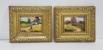 FAGUNDES - PAR DE QUADROS DECORATIVOS ÓLEO SOBRE EUCATEX. " PAISAGEM CAMPSTRE". MEDINDO A MOLDURA 14.5 X 16.5 CM