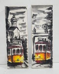 PASOCA ( ARTISTA PLÁSTICO PORTUGÊS ) - PAR DE QUADROS ÓLEO SOBRE TELA DECORATIVOS DE BONDES ELÉTRICOS DE LISBOA. MEDINDO A MOLDURA 30 X 10 CM CADA