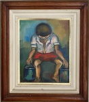 DENISE PONTUAL - Óleo sobre tela "criança cabisbaixa", assinada no canto inferior direito, datada 1980, proteção de moldura acastanhada e paspatur. Medida da obra 25 x30cm. Medida total 40 x 46cm.