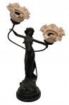 LOUIS AUGUSTE MOREAU (1855-1919) - Imponente escultura do escultor francês Louis-Auguste Moreaux, representando figura de ninfa portando lâmpadas com mangas em opalina francesa na cor rosé fosco, de estilo e período ART NOUVEAU. Apoiada sobre base de granito em dois níveis. Apresenta assinatura na base. Mede 63cm.