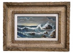ANOS 50 - Obra em óleo sobre madeira representando "marinha", mar agitado com ondas quebrando sobre rochedos sob céu nublado, em tons de azul, cinza e branco, revelando técnica vigorosa e boa profundidade atmosférica. Proteção de moldura de madeira entalhada e patinada Kaminagay. MEADOS ANOS 50. Medida da obra 33 x 19 cm. Medida total 52 x 39 cm.