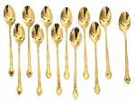 LARONDINE  Korea - Conjunto com 12 colheres de mesa em aço inox dourado, marca Larondine  Stainless Present  Korea. Peças de desenho clássico, com cabo ornamentado e acabamento polido em tom ouro.Comprimento: 20 cmEstado: excelente.Ideal para composição de mesas elegantes ou uso decorativo.