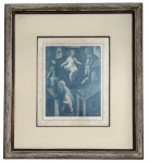 TERUZ (1979)Gravura reprint em tonalidade azul  composição surrealista figurativa representando personagens femininas flutuando sobre construções, com atmosfera onírica e lúdica.Assinada e datada no canto inferior direito.Moldura em madeira patinada e passe-partout em tom creme. Medida total 72 x 81 cm.