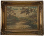 ARAUJO LIMA (Portugal, 1883 - Rio de Janeiro, 1958) - Obra em óleo sobre tela representando "Paisagem Campestre", assinada no canto inferior direito, datada 1945, localizada Rio de Janeiro, protegida por moldura de madeira com acabamento em florões em ouro velho. Medida da obra 45 x 34cm. Medida total 49 x 60cm.