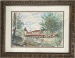 G. ARCADIAS - Aquarela europeia assinada G. Arcadias, datada de 1985. Cena urbana com casas históricas, ponte de madeira, vegetação abundante e canal com barco. Traço delicado, composição equilibrada e cores suaves. Obra antiga em moldura clássica com protecao de vidro anti reflexo. Ideal para coleção de paisagens e arte decorativa. Medida da obra 46 x 66 cm. Medida total 74 x 95 cm.