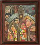 ANILDE PEDROSA ( 1920 / 2006) - Óleo sobre eucatex intitulada "A Catedral", datada 1989, composição figurativa de caráter simbólico com vitrais estilizados e figuras humanas, paleta vibrante e forte expressão modernista. Assinada e datada no verso. Medida da obra 69 x 60 cm. Medida total 80 x 71 cm. Nota do artista: APPE (Anilde Pedrosa) - Chargista, cartunista e artista plástico Anilde Pedrosa, conhecido como Appe, (1920-2006 - "A catedral". Nascido no Acre em 1920, Appe veio para o Rio na década de 40. Ele foi amigo do chargista Borjalo, participou do programa "O Jornal de Vanguarda", fez ilustrações para editora José Olímpio e seu trabalho mais conhecido foi na Revista Cruzeiro, na coluna dupla Blow Appe.