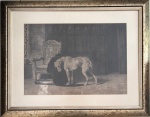 Briton Rivière, 1869  Obra emblemática de Briton Rivière (1869), artista britânico célebre por suas composições envolvendo animais carregados de expressão e atmosfera narrativa. A cena apresenta um cão diante de uma cadeira esculpida, num ambiente sombrio e aristocrático, transmitindo melancolia e lealdade  temas recorrentes na produção do pintor.Litografia e ou reprint, com desgaste compatível com a idade, preservando ainda grande parte de seu impacto estético e documental. Protecao de moldura, paspatur e vidro transparente. Assinatura e data canto inferior direito. Medida total 72 x 57 cm.