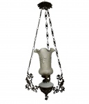 Luminária pendente antiga de teto, estilo Art Nouveau, em metal patinado com delicados ornamentos vazados e cúpula em vidro fosco moldado. Peça elegante, ideal para halls, salas ou ambientes clássicos. Mede 80 x 30 cm.