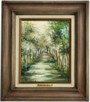 Óleo sobre tela, paisagem com caminho arborizado, assinado e datado 1995, moldura de madeira com plaqueta identificada Marta Frigerio Crepaldi. Em bom estado geral, com craquelê compatível com a técnica. Datado 1995. Medida total 46 x 40 cm.