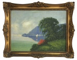 J. BERTONI - Obra em óleo sobre tela, assinada J. Betoni, representando paisagem lacustre com veleiro, vegetação e montanhas ao fundo, Rio de Janeiro. Acompanha moldura clássica dourada em madeira ricamente entalhada. Peça de excelente efeito decorativo. Assinada. Medida total 82 x 66 cm, medida da obra 67 x 51 cm.