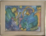 Júlio César Álvarez - Composição figurativa, 1988. Técnica mista sobre papel, com uso expressivo de cores e traços gestuais, retratando figuras em cena intimista e dinâmica. Obra assinada e datada no canto inferior direito, apresentada com moldura de metal dourado e paspatur. Proteção de vidro transparente. Medida da obra 62 x 44 cm. Medida total 78 x 60 cm.