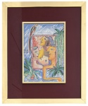 JULIO CESAR ALVAREZ - Obra de composição figurativa com rostos estilizados, ave e elementos vegetais, em paleta vibrante e traço expressivo. Obra de linguagem moderna, com forte caráter simbólico e narrativa visual. Técnica mista sobre papel/cartão, assinada e datada (1980), apresentada em moldura de metal dourada com paspatur e vidro anti reflexo. Medida da obra 24 x 33 cm. Medida total 46 x 56 cm.
