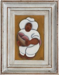 JOSÉ SABOIA (Bahia 1949/ Bahia 2025) Obra em óleo sobre tela representando figura popular estilizada, personagem vestido de branco segurando objeto, composição de forte caráter ingênuo e cromatismo quente. Pintura em tela, assinada no canto inferior direito, elegantemente emoldurada. Verso com chassis original e fio para fixação. Medida da obra 20 x 30 cm. Medida total 38,5 x 48,5 cm.