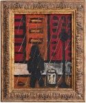 ANDREA BRANDANI - Obra em óleo sobre tela representando cena urbana noturna sob chuva, com figura em silhueta diante de fachadas, executada em pintura sobre tela, pincelada espessa e paleta intensa em vermelhos e negros. Obra datada de 2006, identificada e assinada "Dé" no verso, emoldurada. Medida da obra 28 x 22 cm. Medida total 37 x 31 cm.